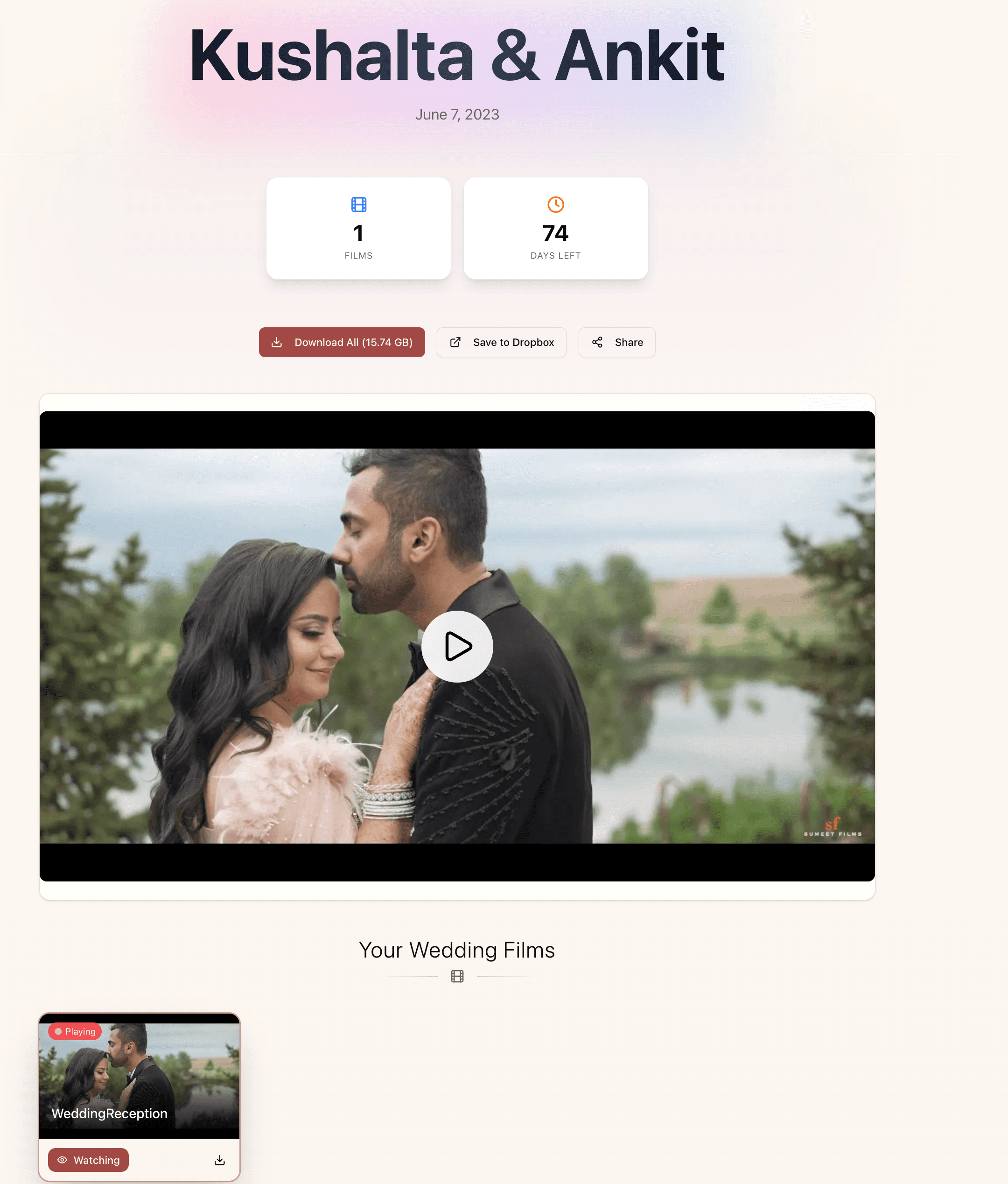 Customized VidDrop delivery page with thumbnails and branding
