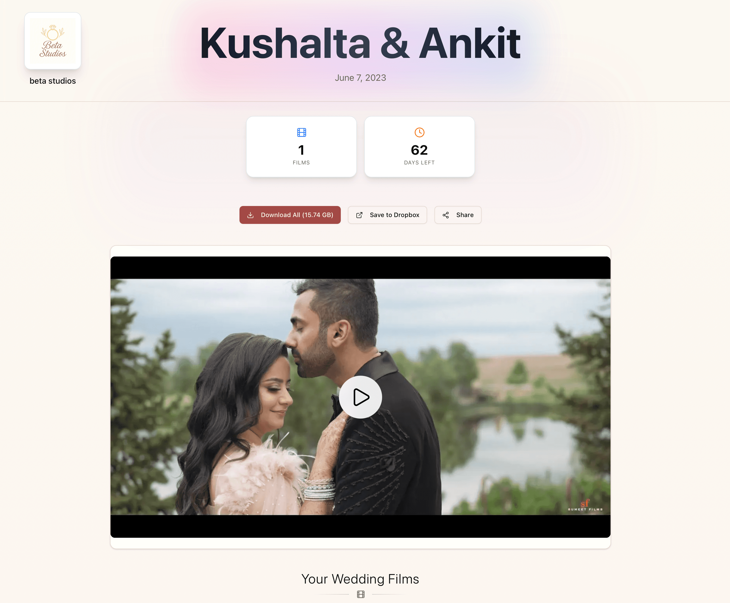 viddrop delivery page showing a professional wedding video gallery